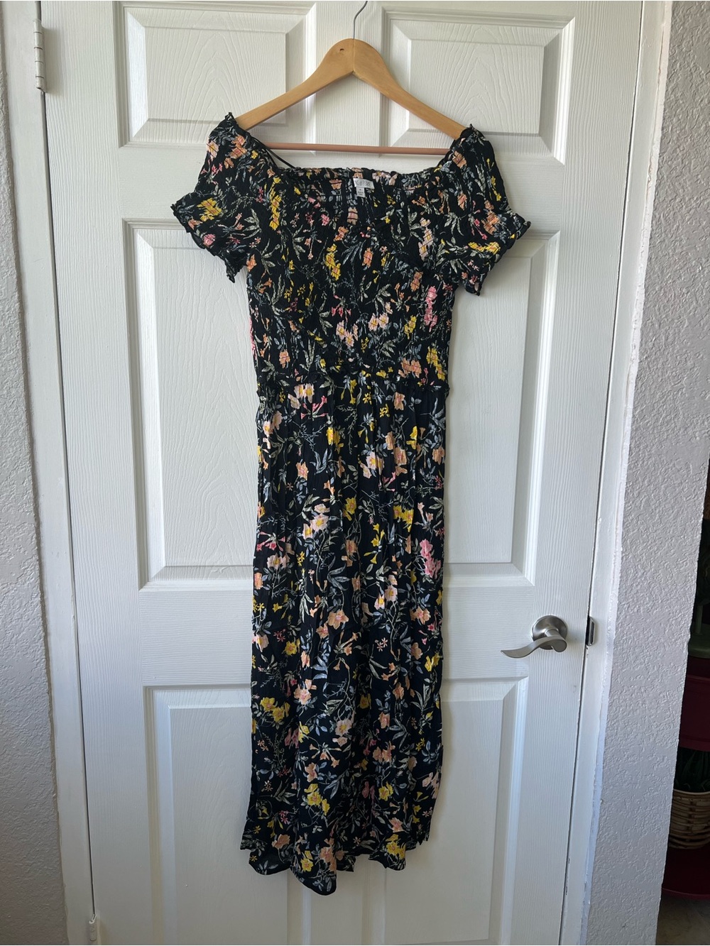 Patrons of Peace Black Floral Off-Shoulder Maxi with Pink & Yellow Blooms